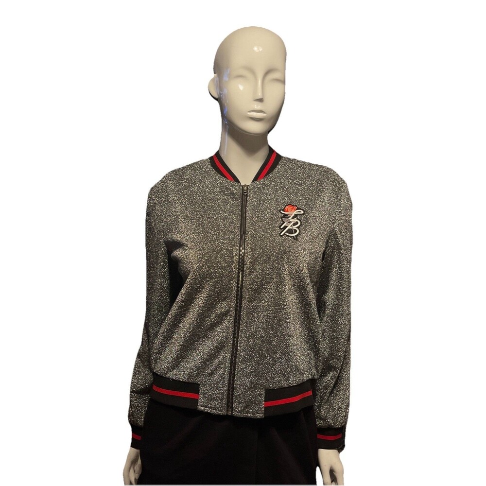 Tessa Brooks Silver Metallic Bomber Jacket  Zip Front Rose Logo Women's Large
